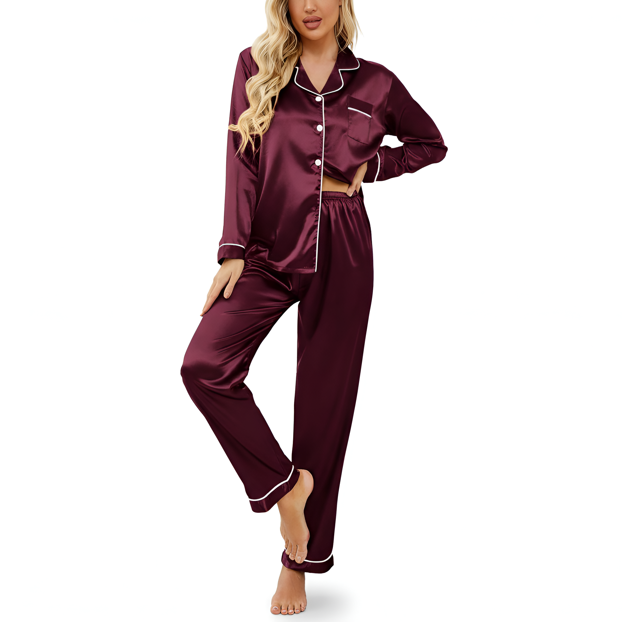 Classic Long Sleeve Pajama Set Button Front For Women