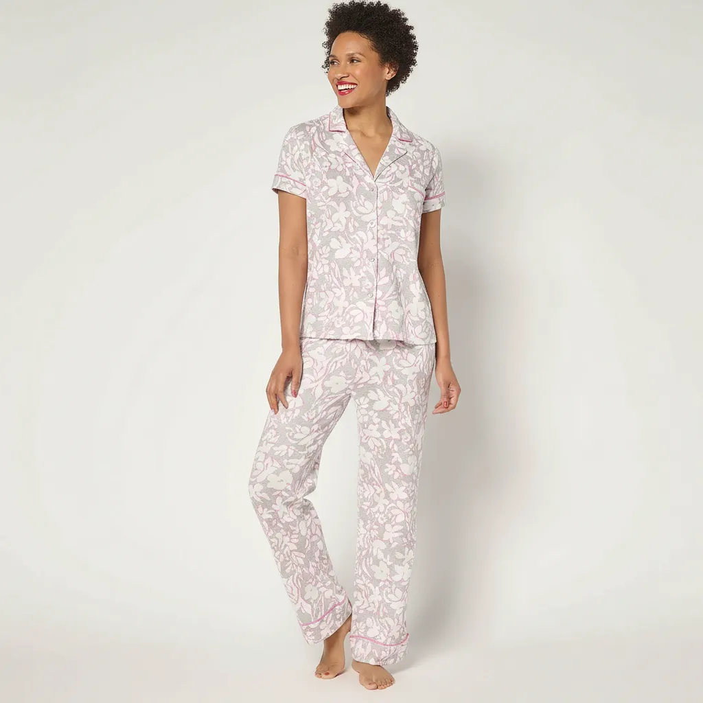 Two Piece Jersey Notch Collar Pajama Set With Short Sleeve Top For Women