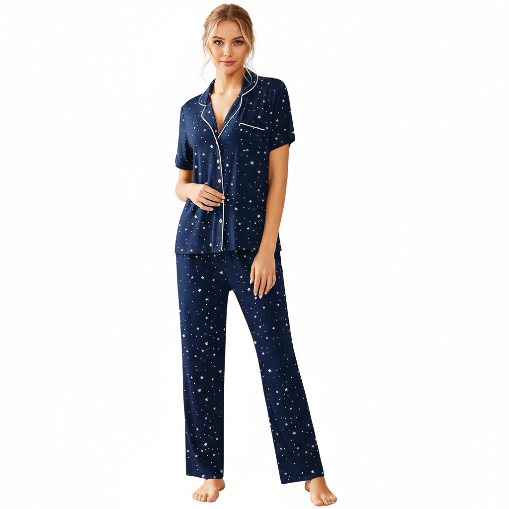 Pajamas Set With Notch Collar Button Down Top And Long Pants For Women