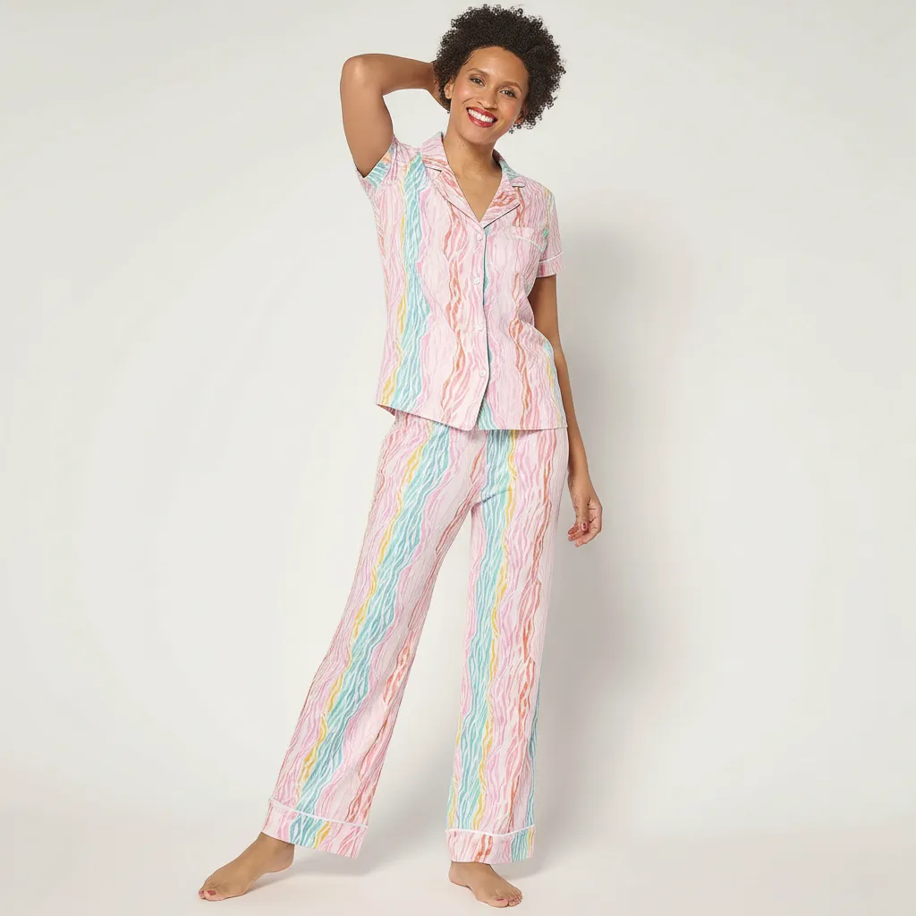 Two Piece Jersey Notch Collar Pajama Set With Short Sleeve Top For Women