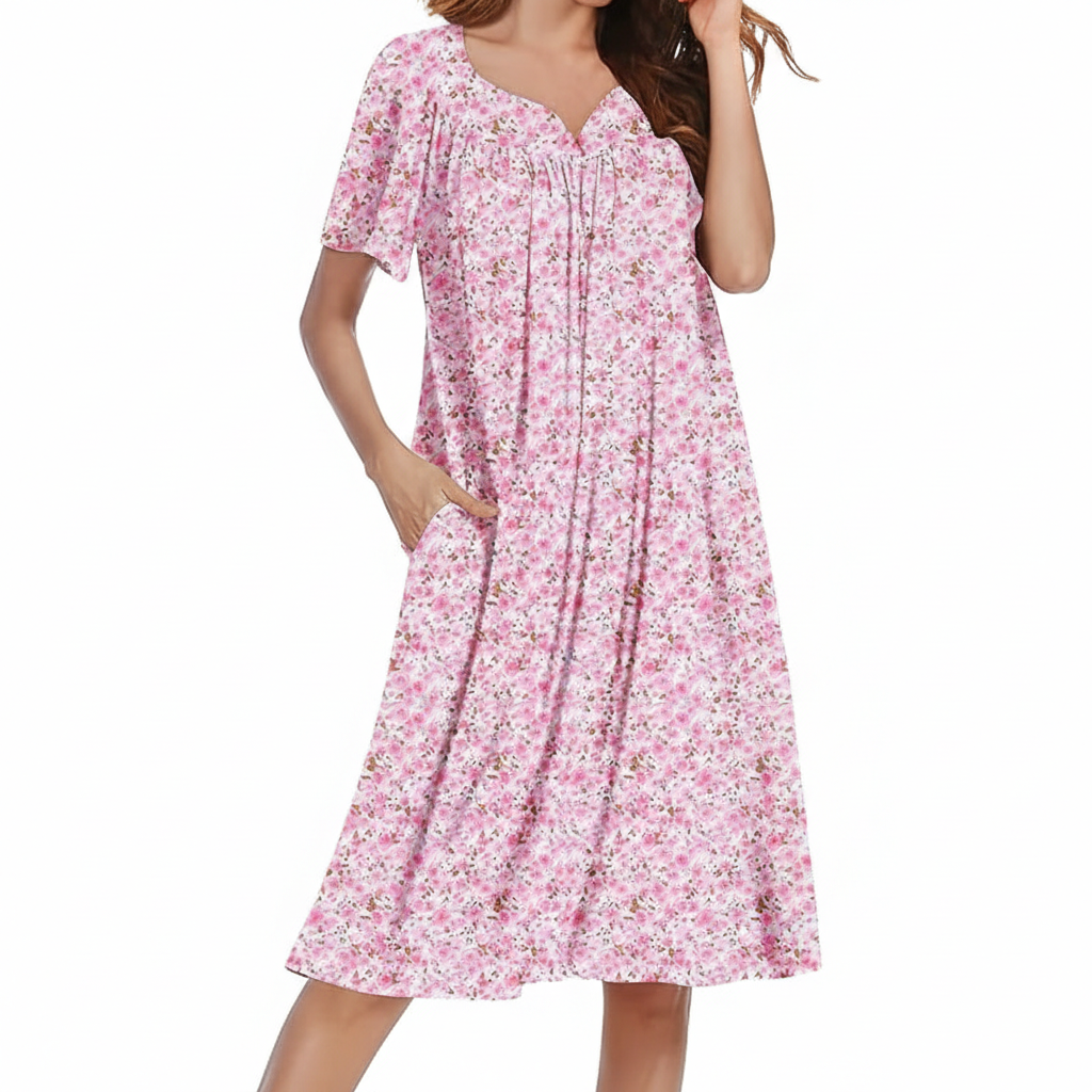 Pleated Nightgowns Short Sleeve House Dress