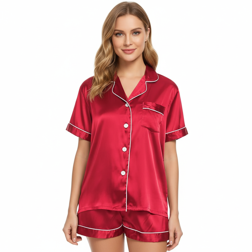 Two Piece Pajamas Set With Button Down Top And Shorts For Women