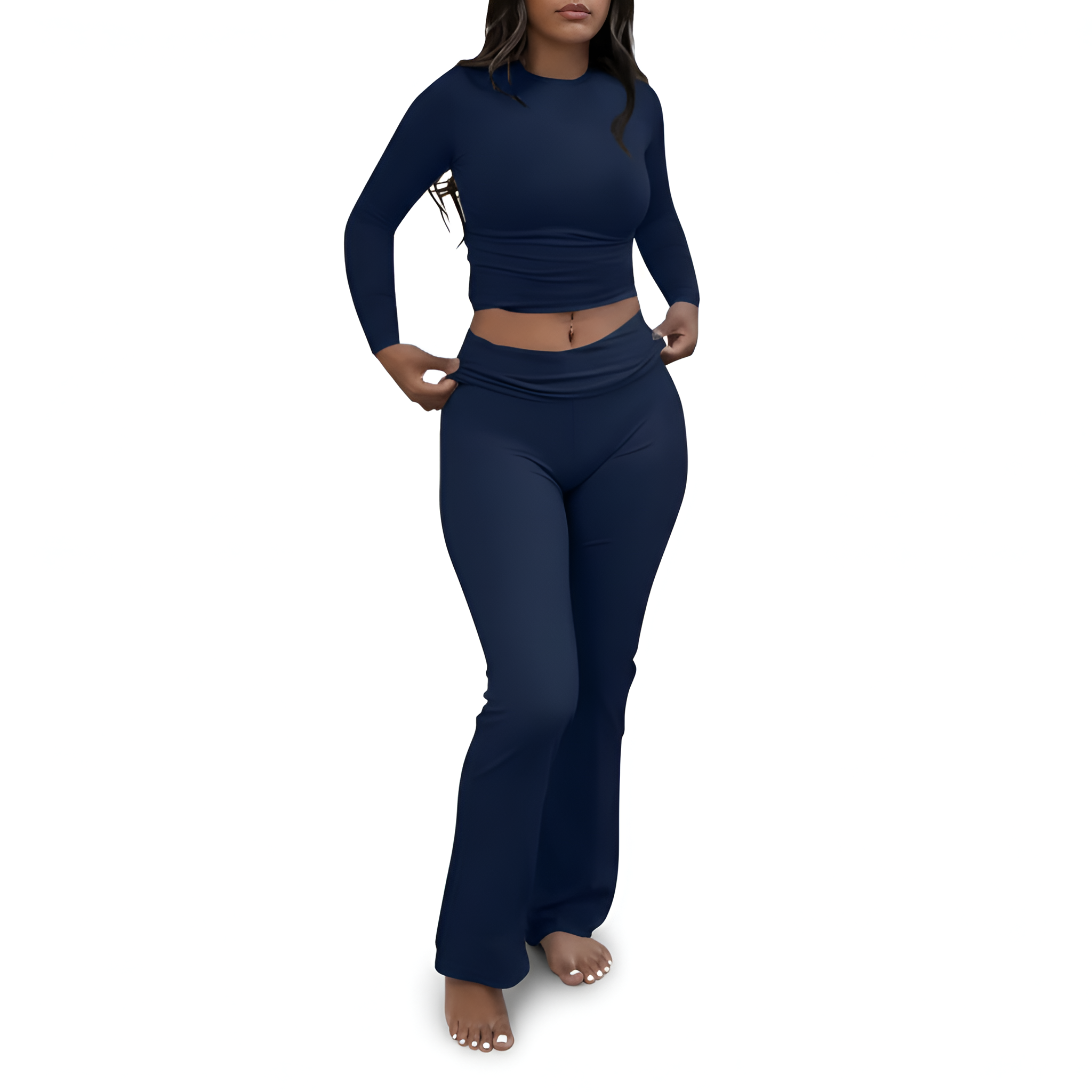 2 Piece Of Soft Lounge Wear Long Sleeve Top And Flared Pants Set For Women