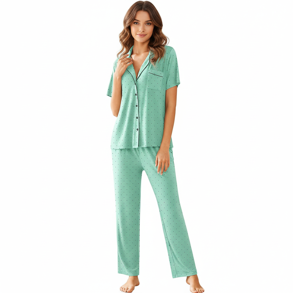 Pajamas Set With Notch Collar Button Down Top And Long Pants For Women