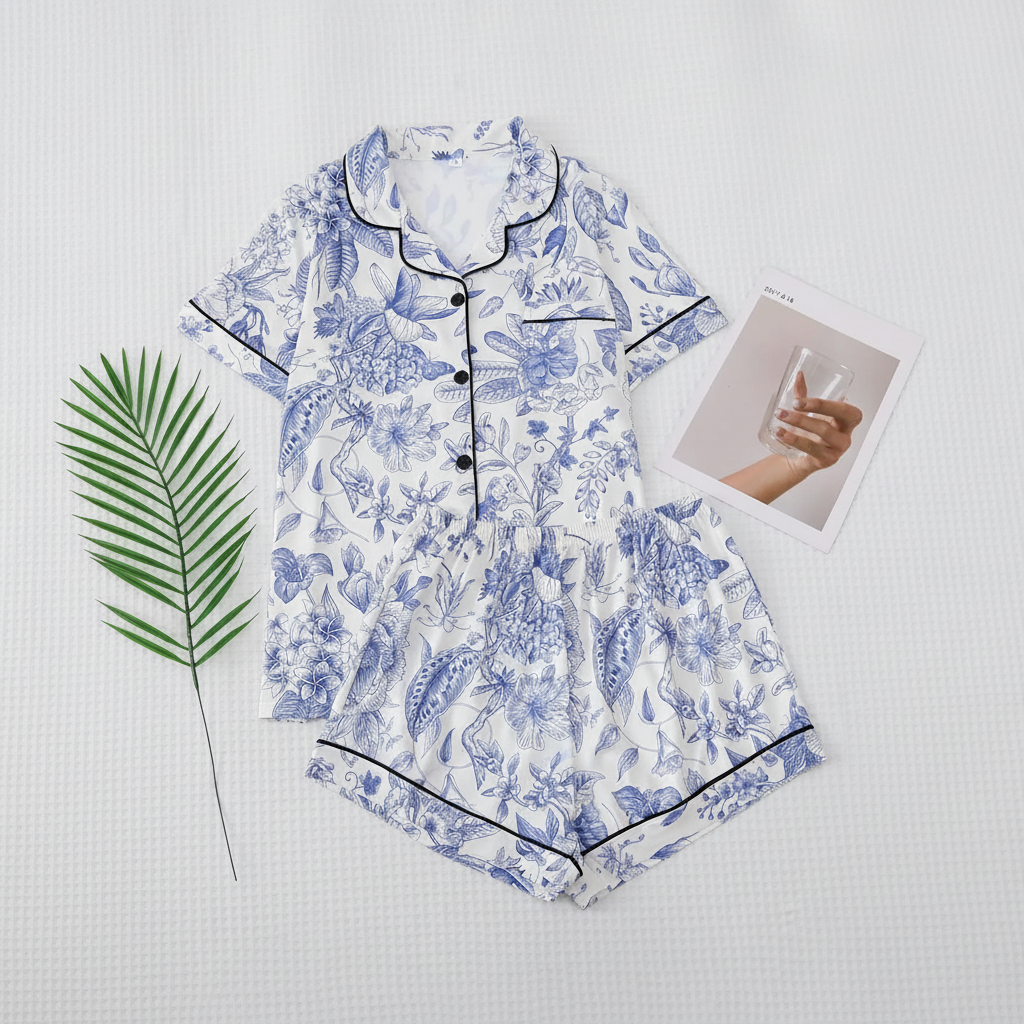 Floral Print Lapel Short Sleeve Pajama Set For Women