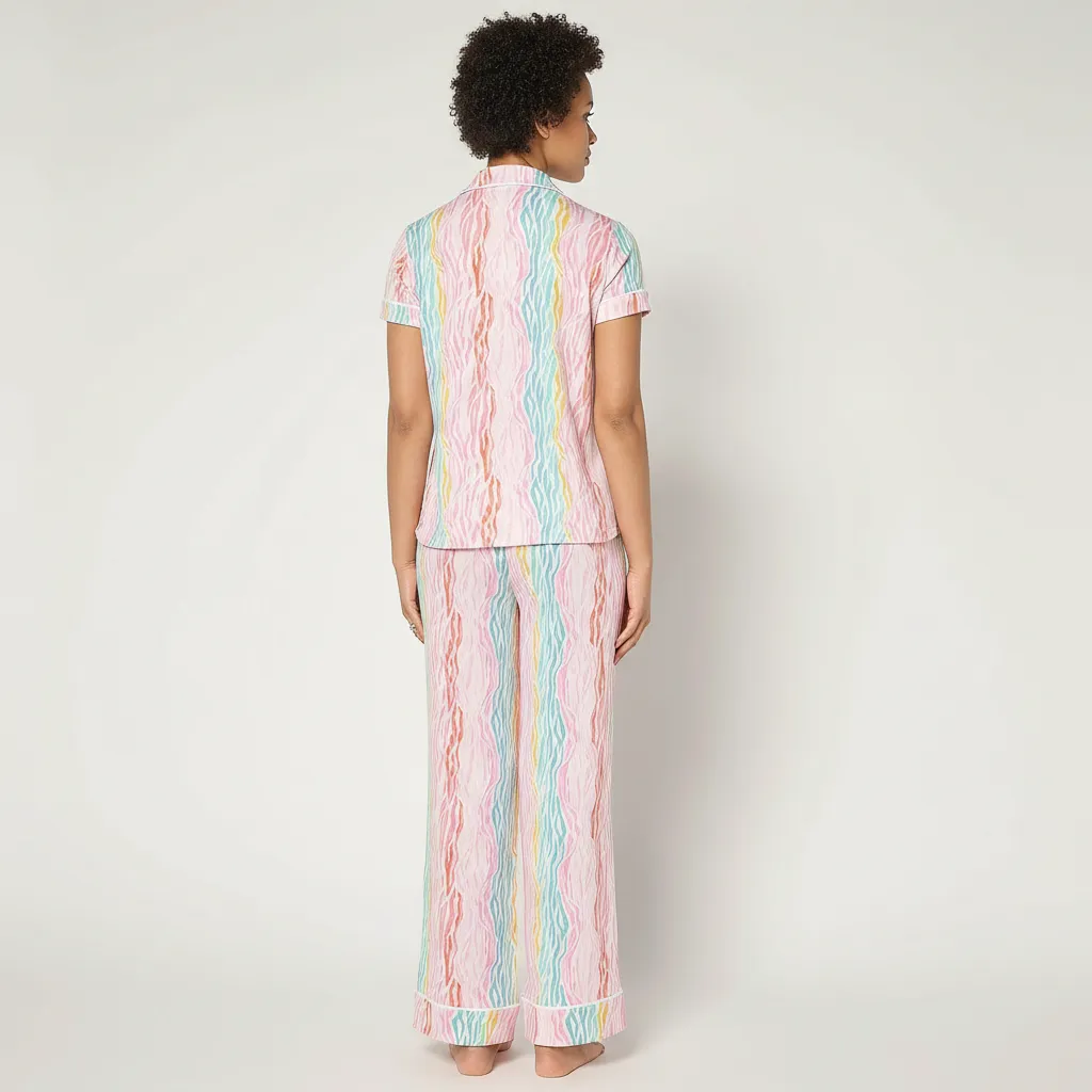 Two Piece Jersey Notch Collar Pajama Set With Short Sleeve Top For Women