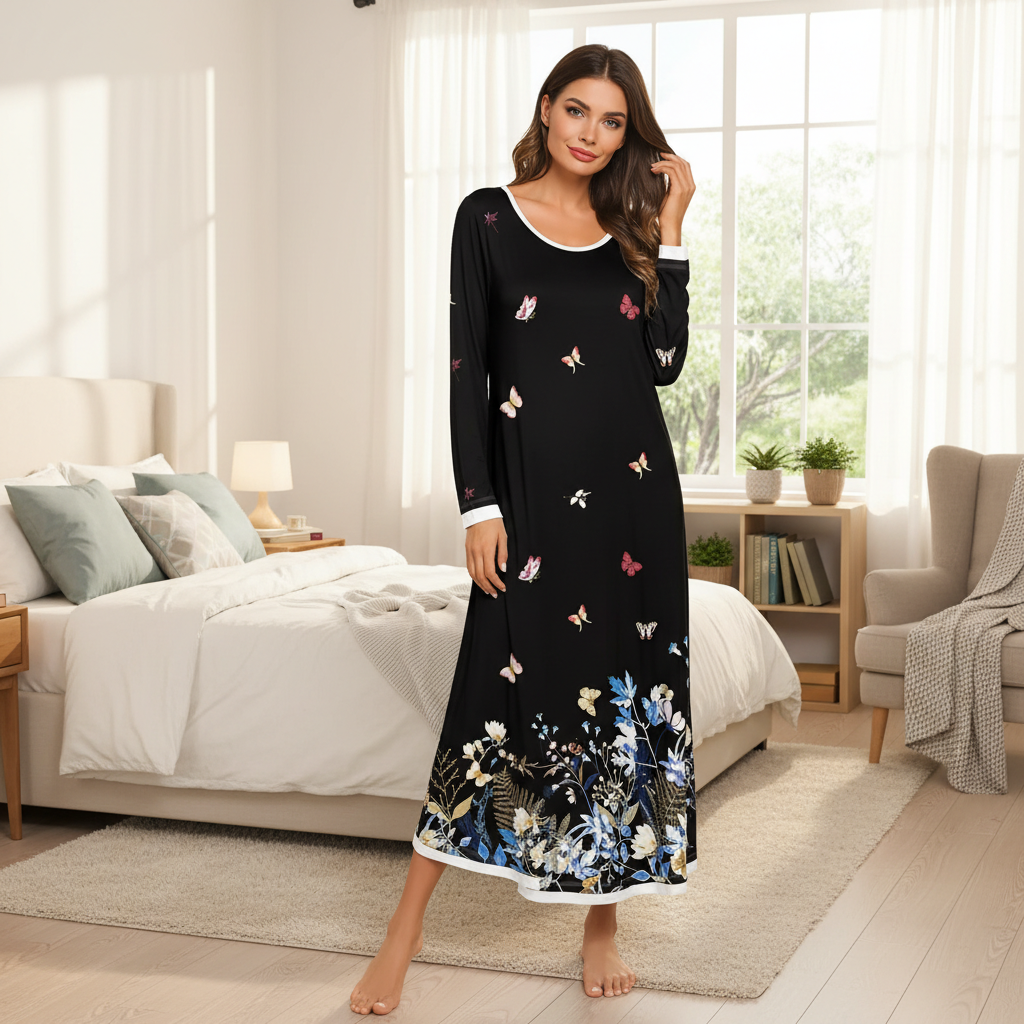 Full Length Nightgown With Long Sleeve Sleepwear For Women