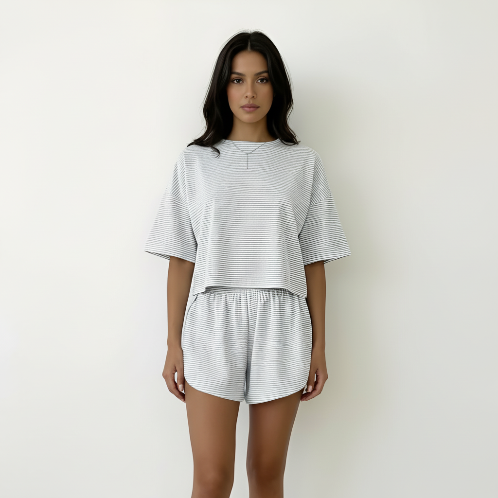 Two Piece Striped Print T Shirt And Wrap Split Short Pajamas Set For Women