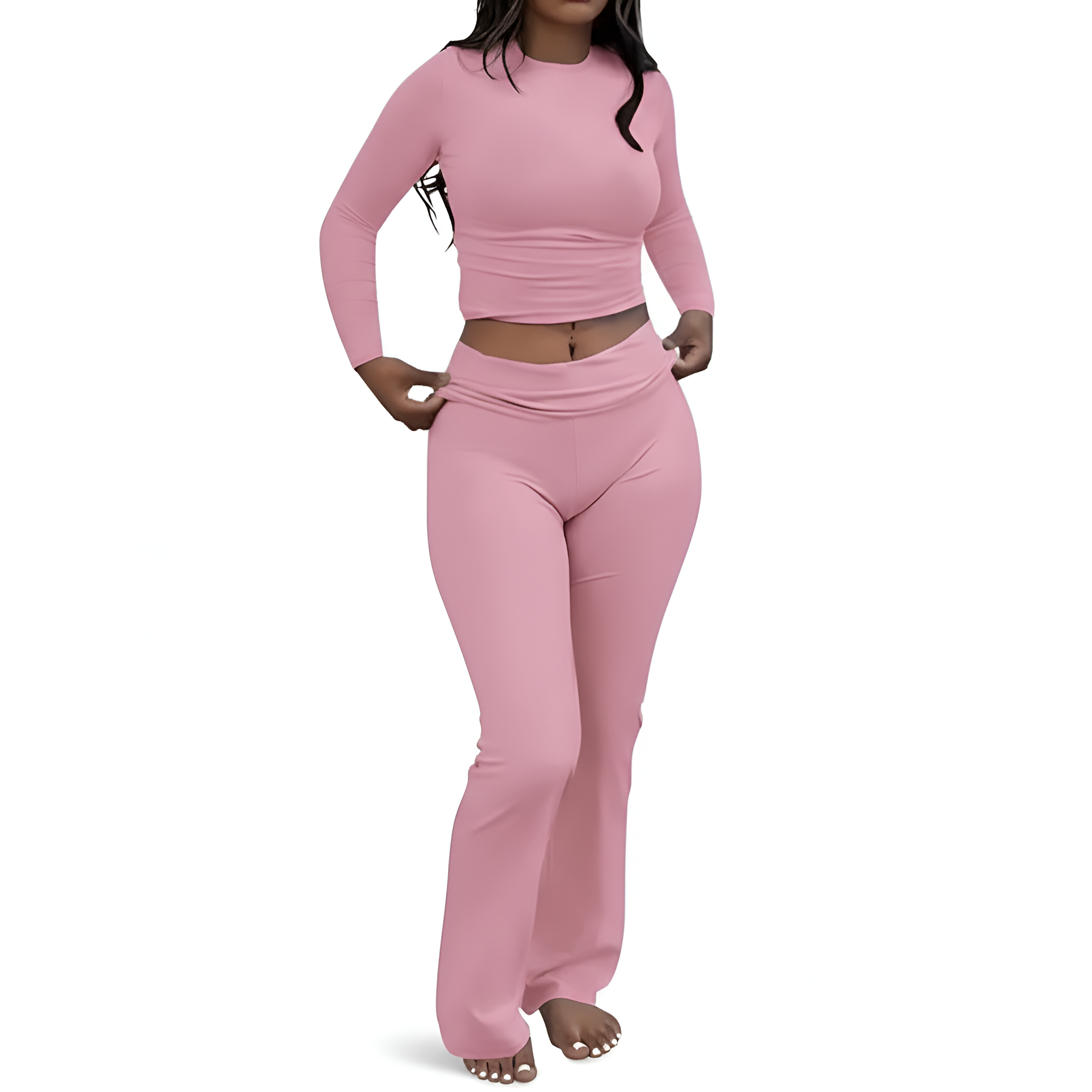 2 Piece Of Soft Lounge Wear Long Sleeve Top And Flared Pants Set For Women