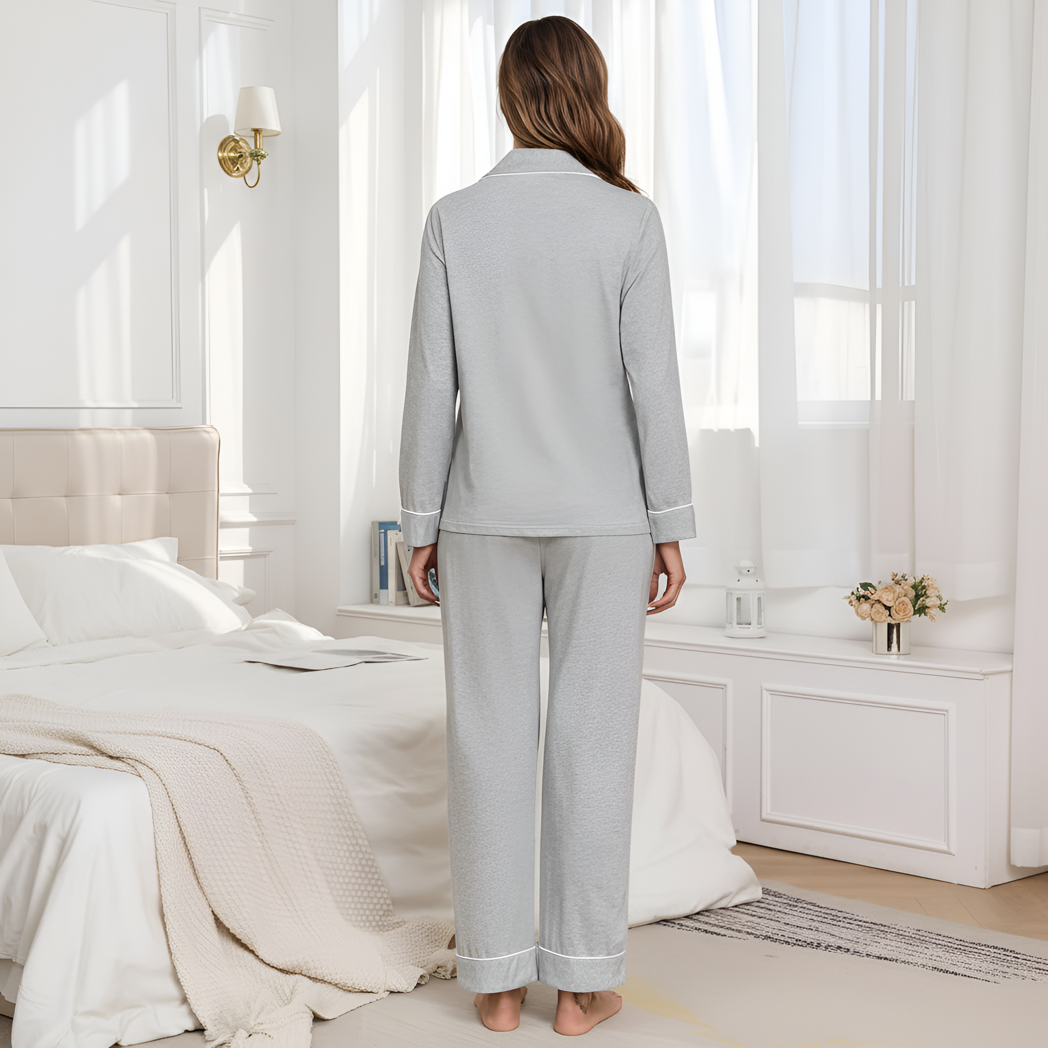 Long Sleeve Sleepwear Pajama Set With Button Down Design For Women