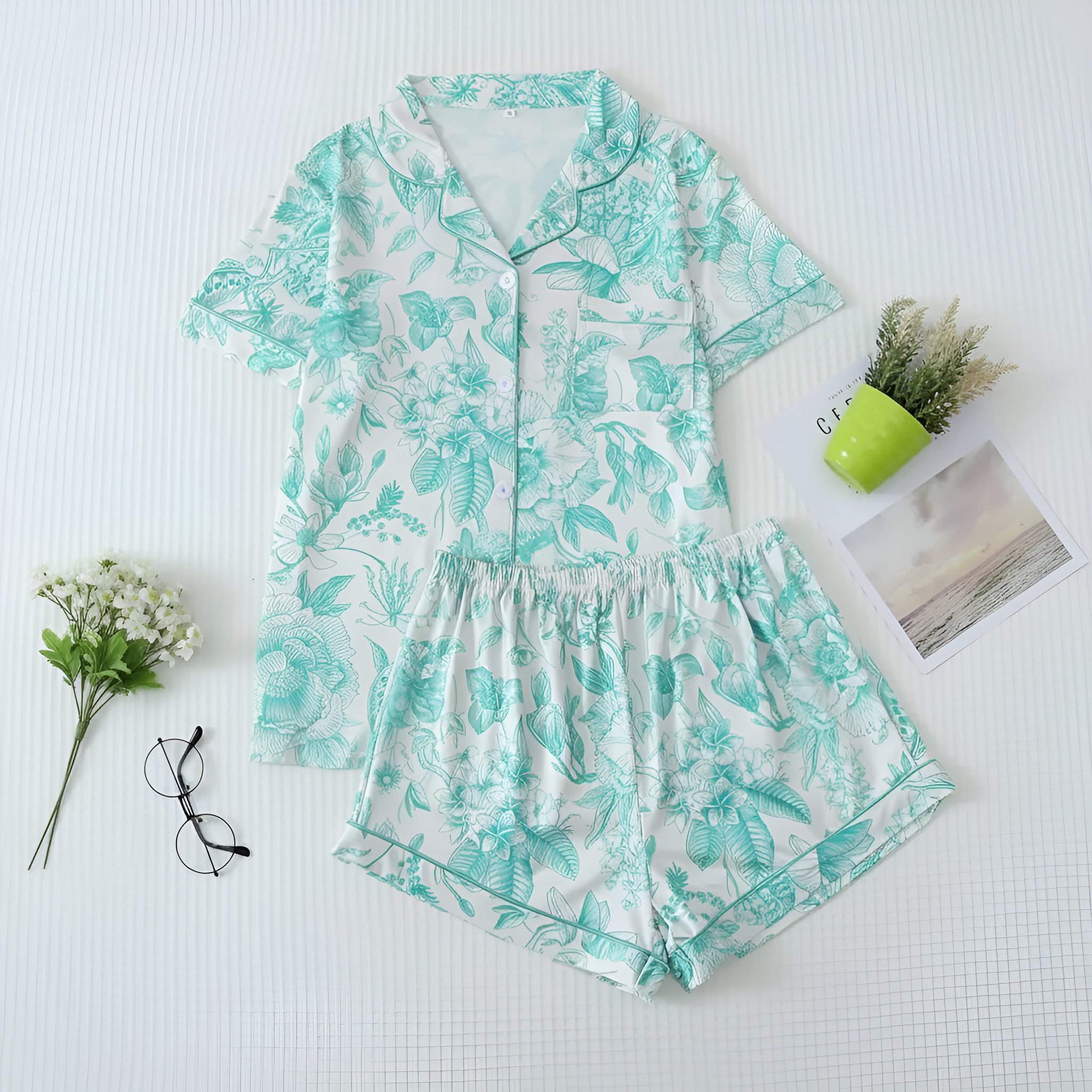 Floral Print Lapel Short Sleeve Contrast Pajama Set For Women