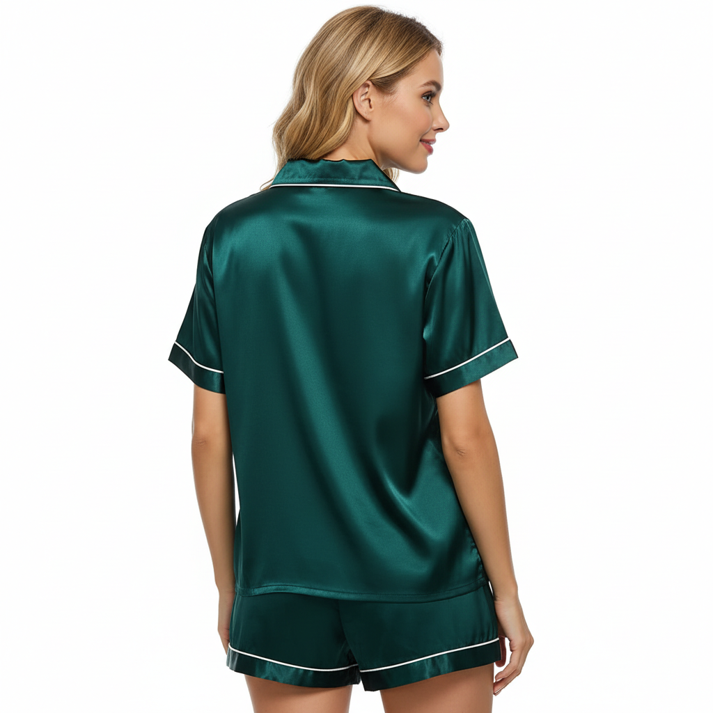 Two Piece Pajamas Set With Button Down Top And Shorts For Women