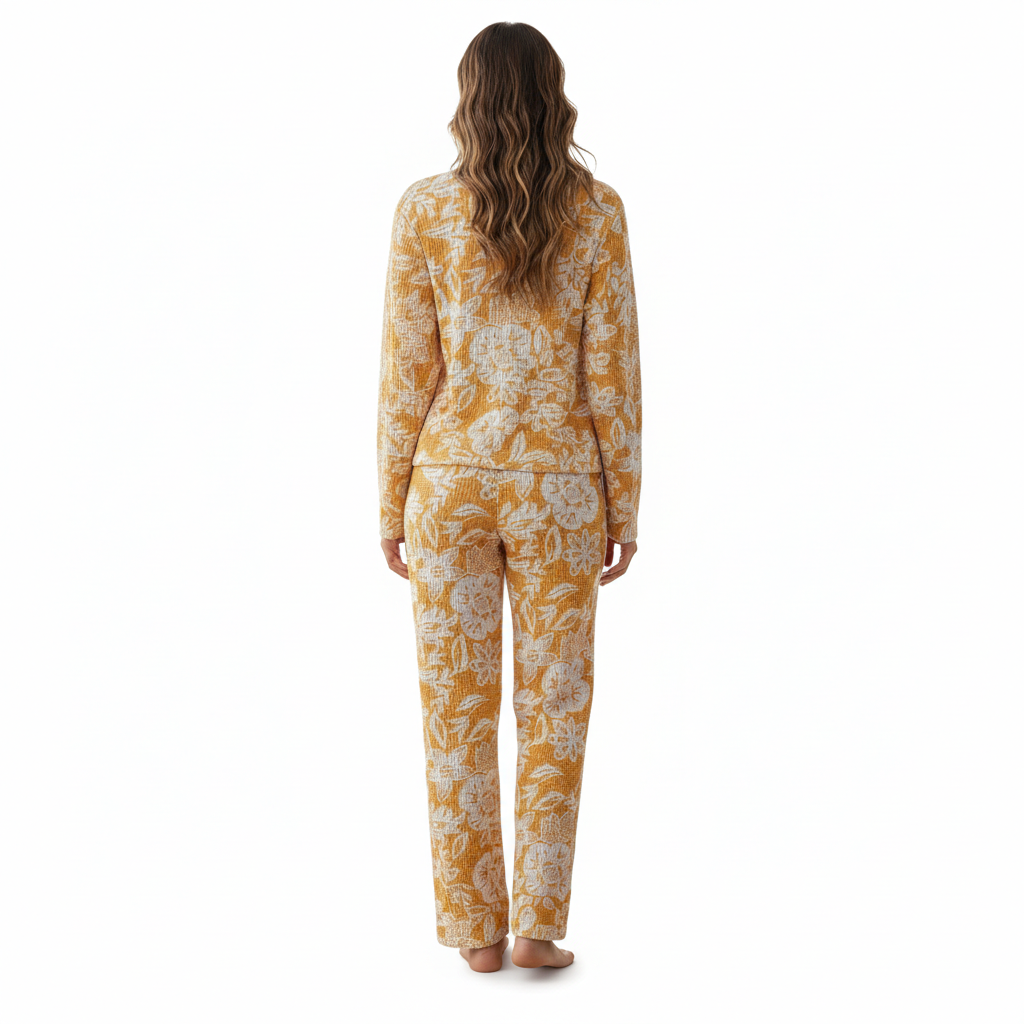 Waffle Knit Long Sleeve 2 Piece Lounge Wear Pajama Set For Women