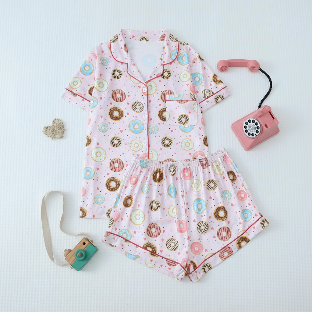 Floral Print Lapel Short Sleeve Pajama Set For Women