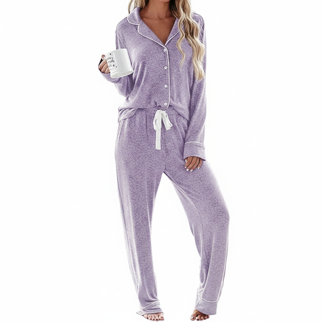 Soft Long Sleeve Pajama Set Button Front Sleepwear For Women