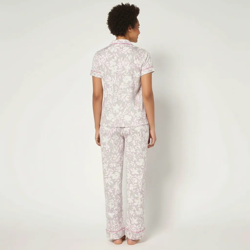 Two Piece Jersey Notch Collar Pajama Set With Short Sleeve Top For Women