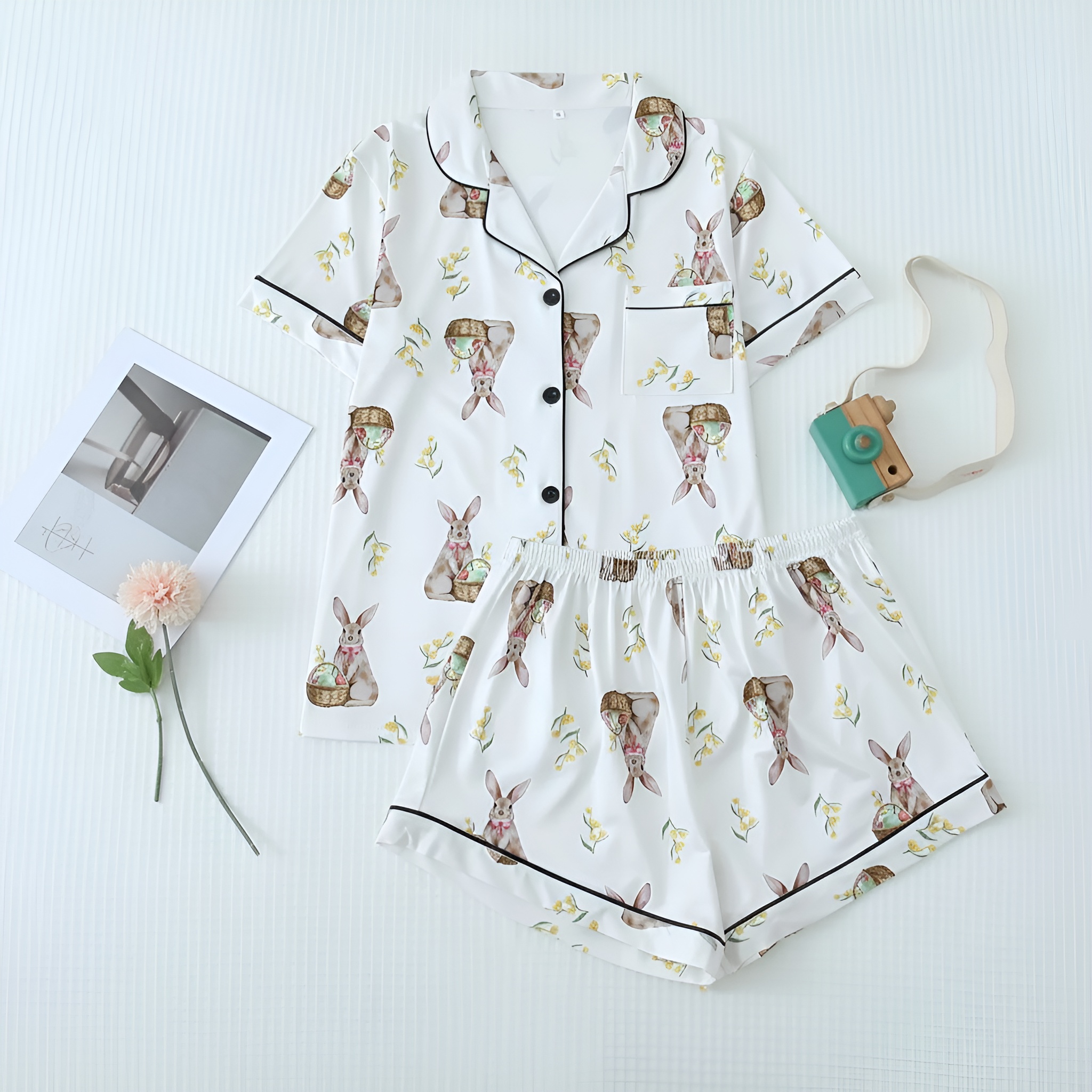 Floral Print Lapel Short Sleeve Contrast Pajama Set For Women