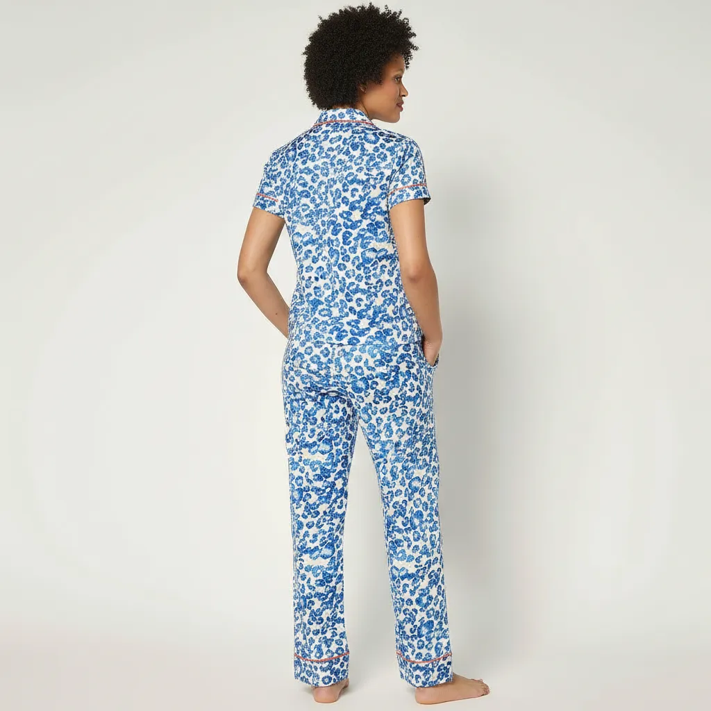 Two Piece Jersey Notch Collar Pajama Set With Short Sleeve Top For Women