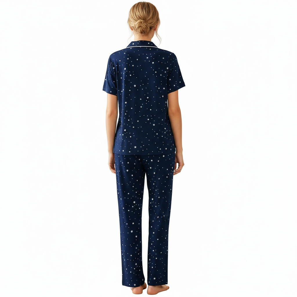 Pajamas Set With Notch Collar Button Down Top And Long Pants For Women