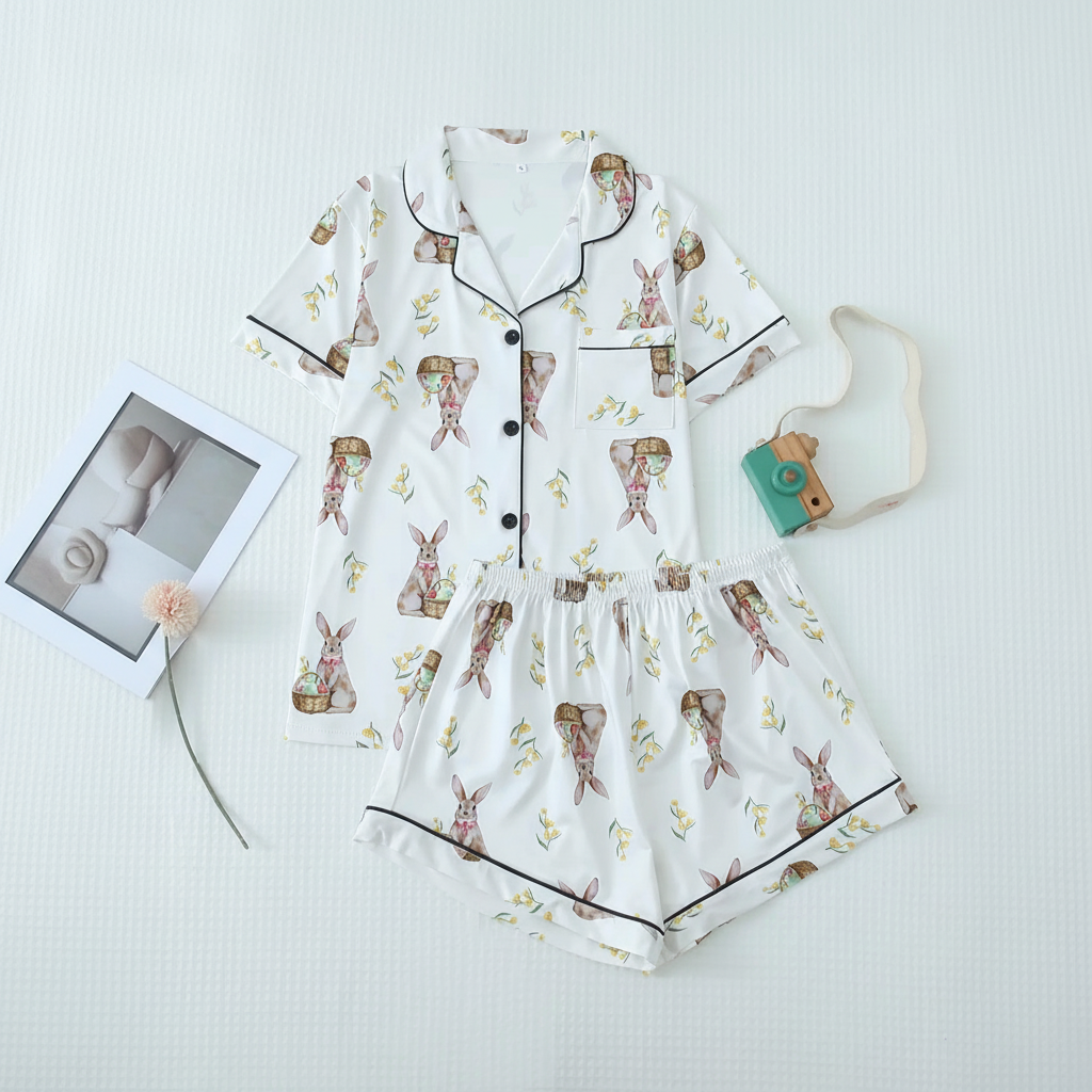 Floral Print Lapel Short Sleeve Pajama Set For Women