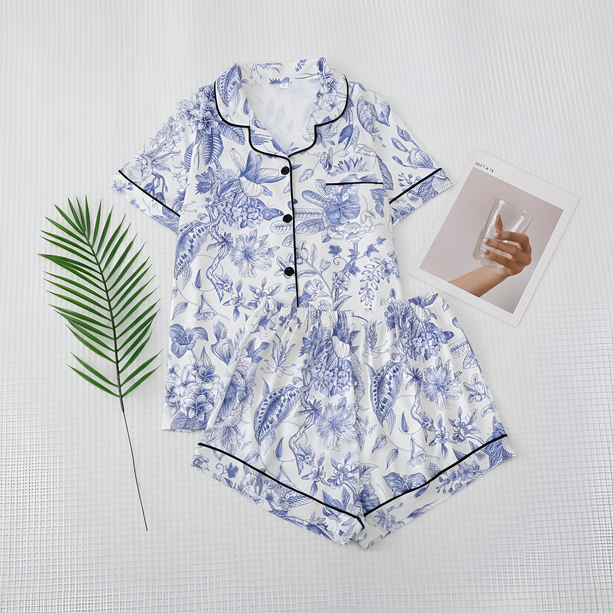 Floral Print Lapel Short Sleeve Contrast Pajama Set For Women