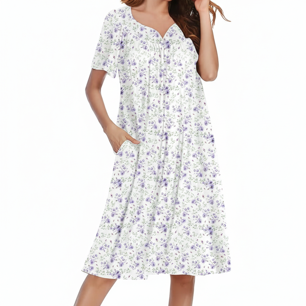 Pleated Nightgowns Short Sleeve House Dress