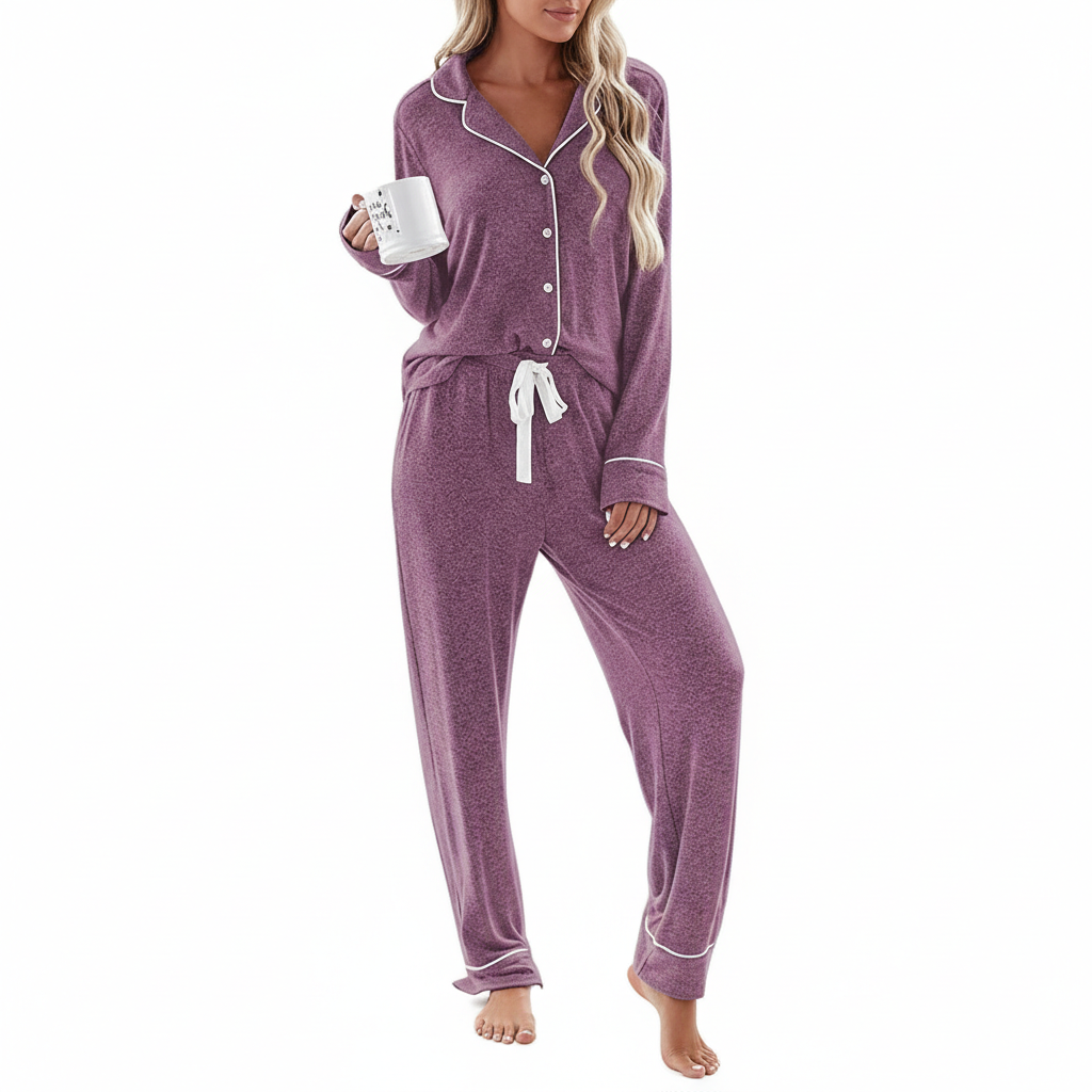 Soft Long Sleeve Pajama Set Button Front Sleepwear For Women