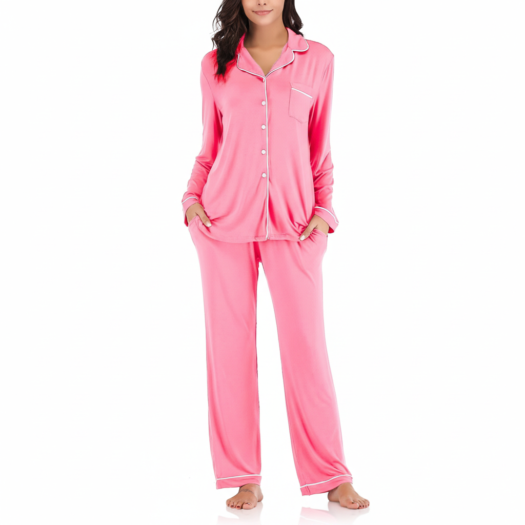 Long Sleeve Button Down Pajama Set Lounge Sleepwear For Women