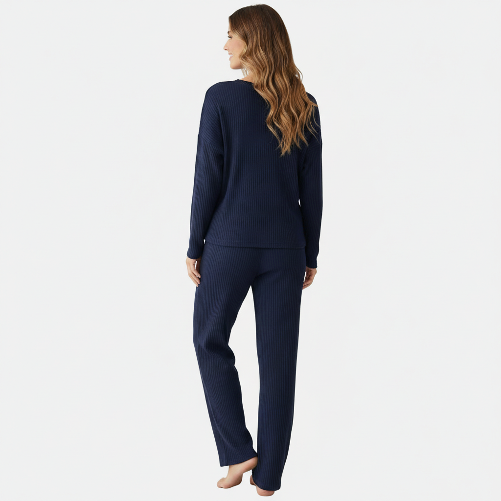 Waffle Knit Long Sleeve 2 Piece Lounge Wear Pajama Set For Women