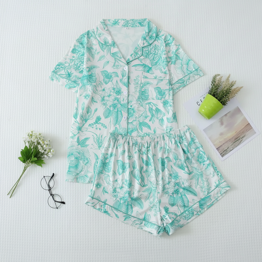 Floral Print Lapel Short Sleeve Pajama Set For Women