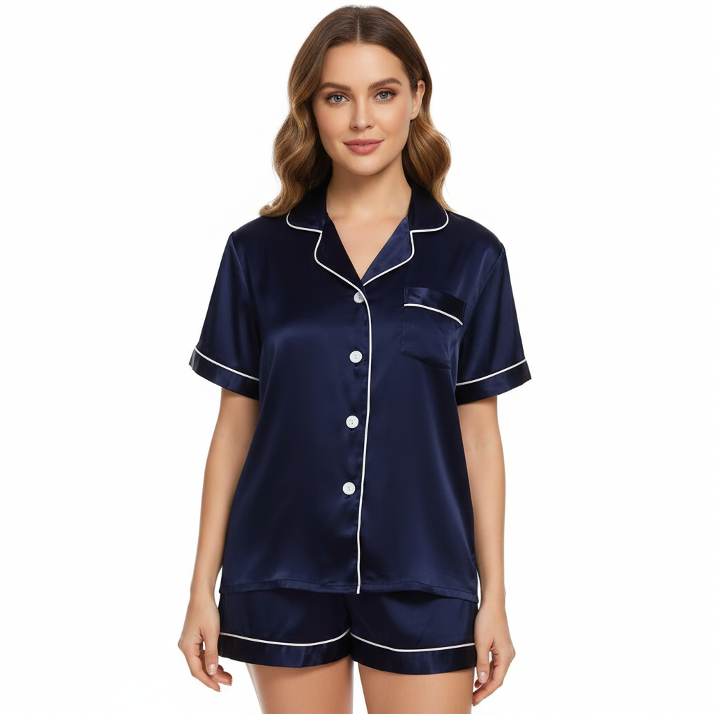Two Piece Pajamas Set With Button Down Top And Shorts For Women