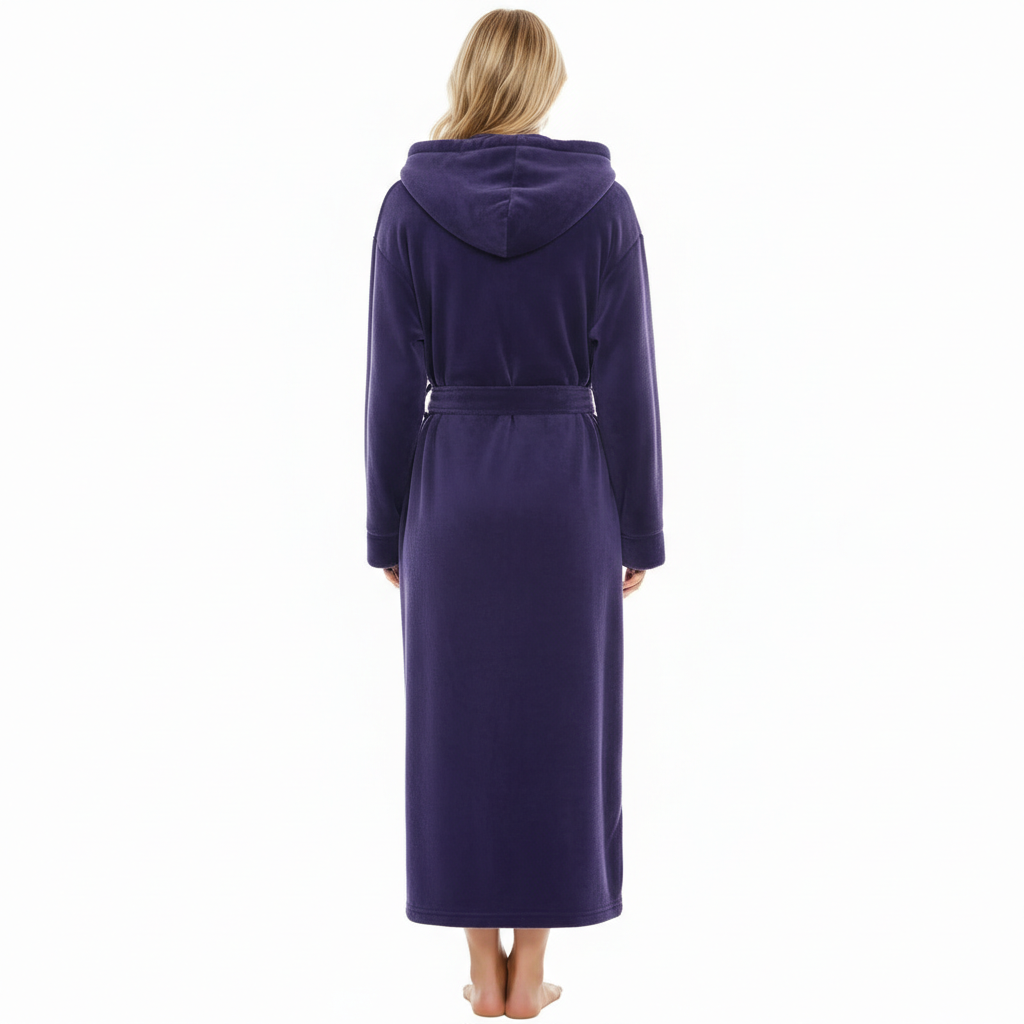 Full Length Hooded Plush Fleece Bathrobe With Belt For Women