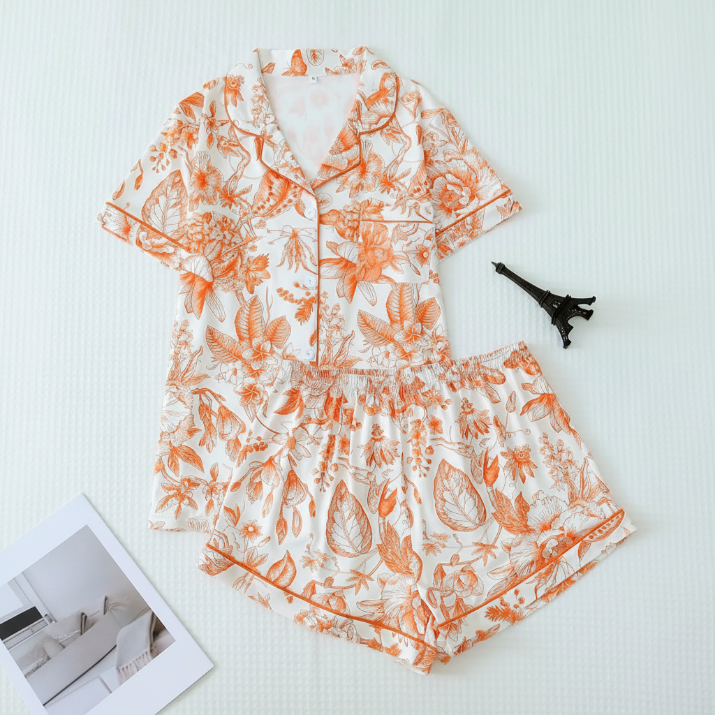 Floral Print Lapel Short Sleeve Pajama Set For Women