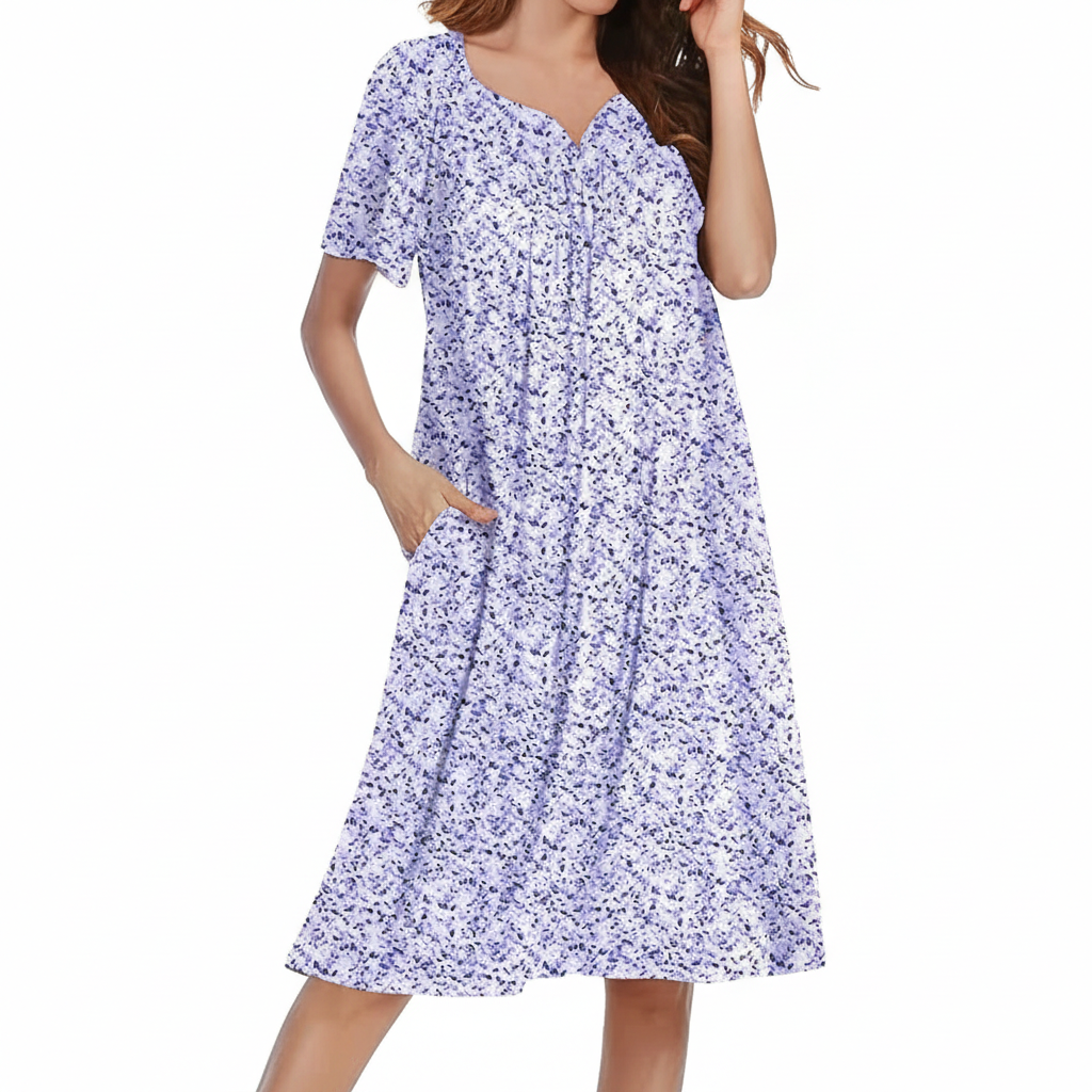 Pleated Nightgowns Short Sleeve House Dress