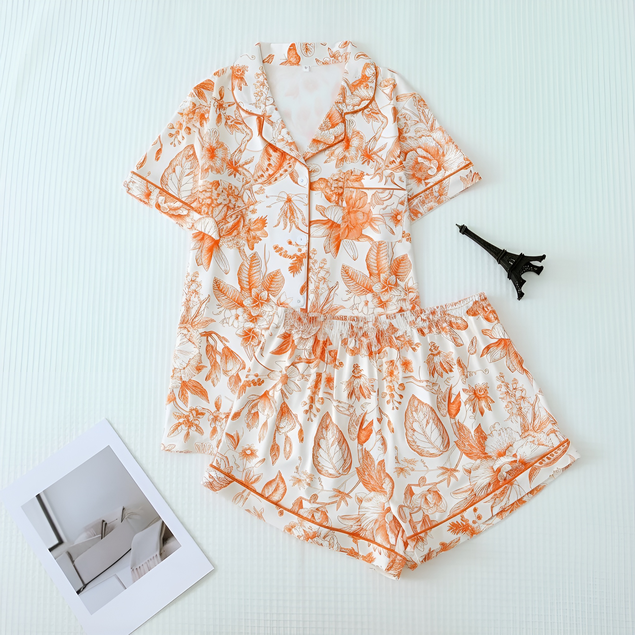 Floral Print Lapel Short Sleeve Contrast Pajama Set For Women