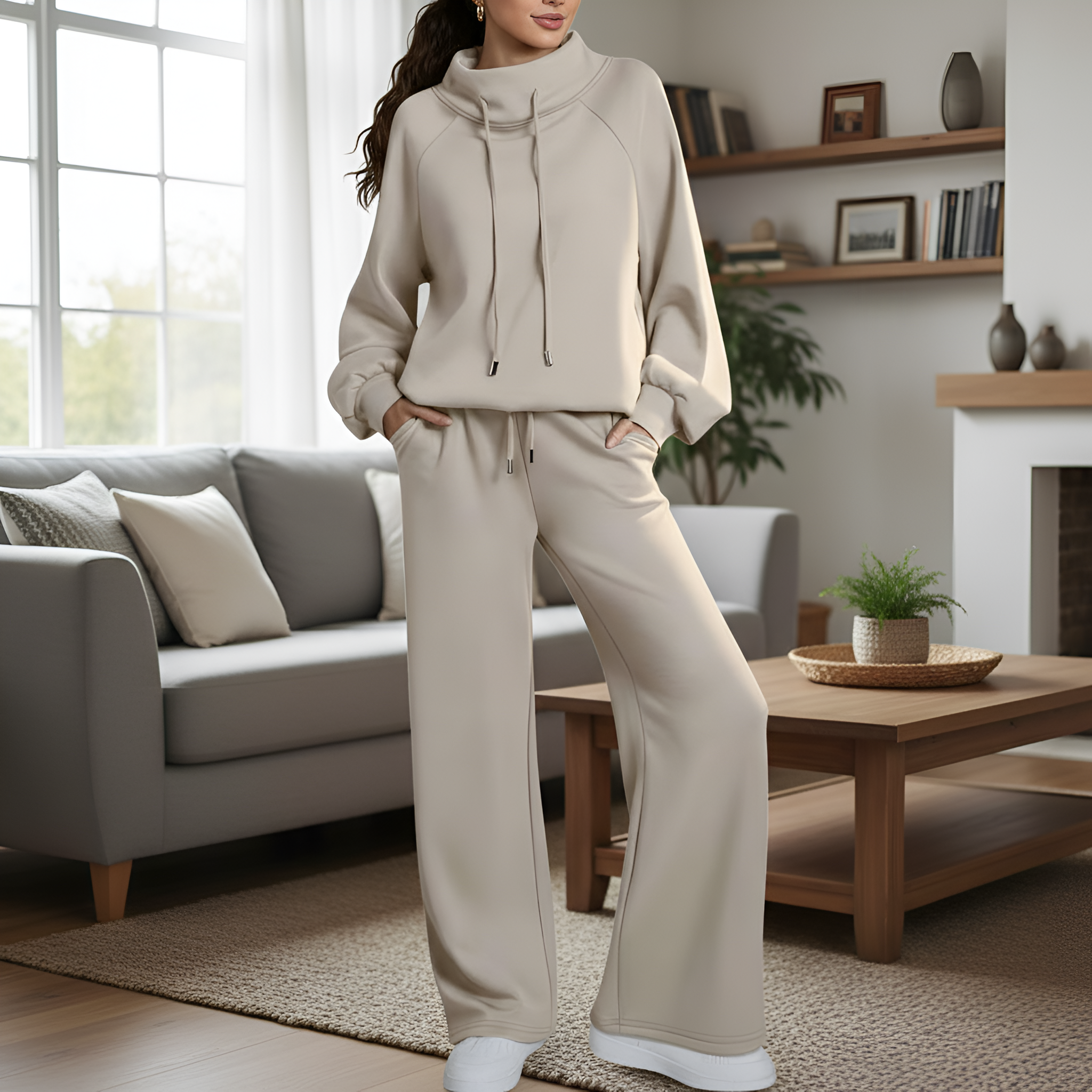 Two Piece Lounge Set With Drawstring Top And Matching Wide Pants For Women