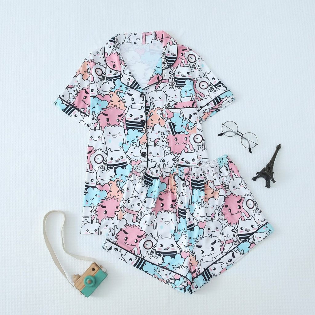 Floral Print Lapel Short Sleeve Pajama Set For Women