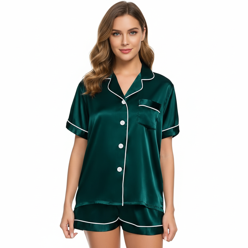 Two Piece Pajamas Set With Button Down Top And Shorts For Women
