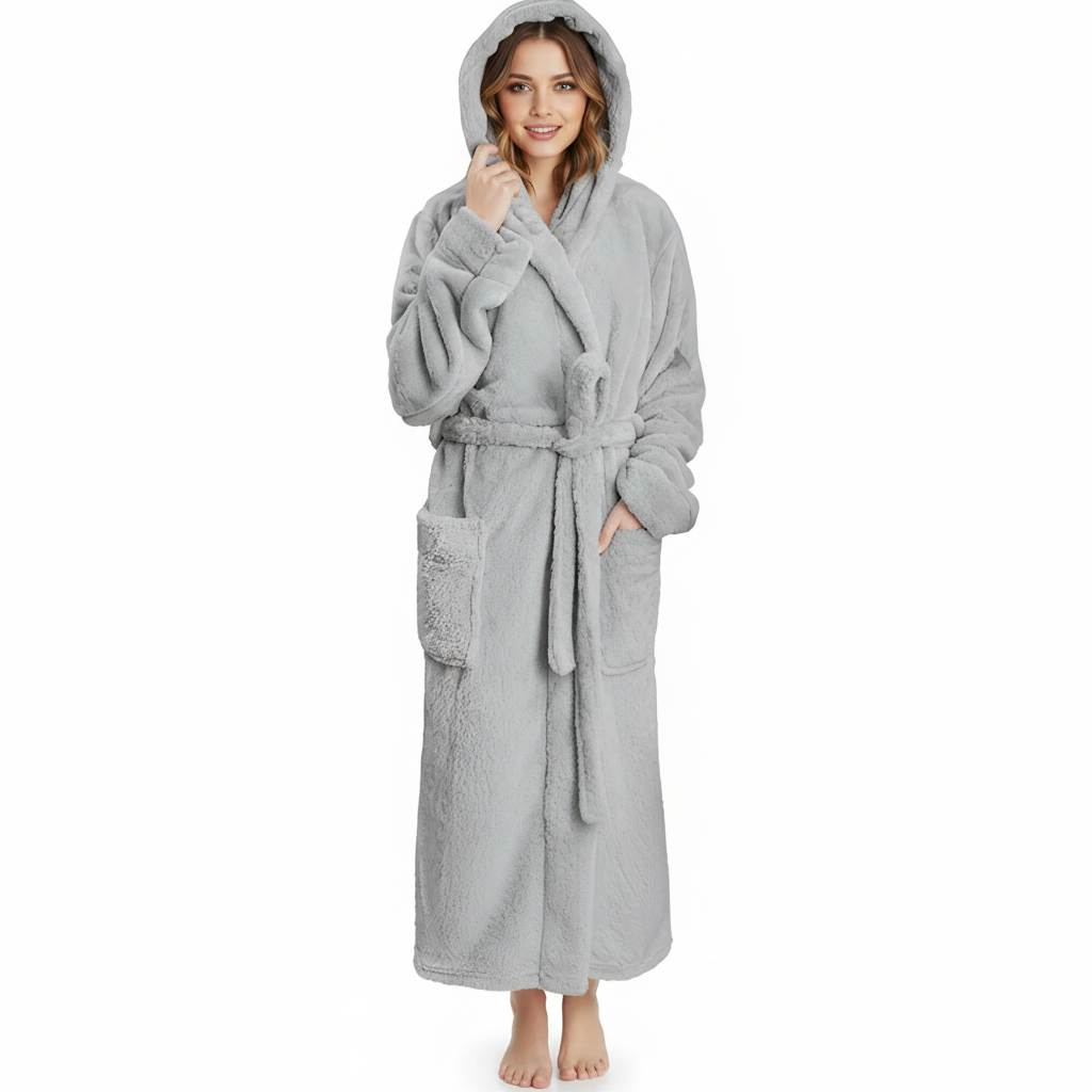 Hooded Plush Soft Robe With Warm Fleece For Women
