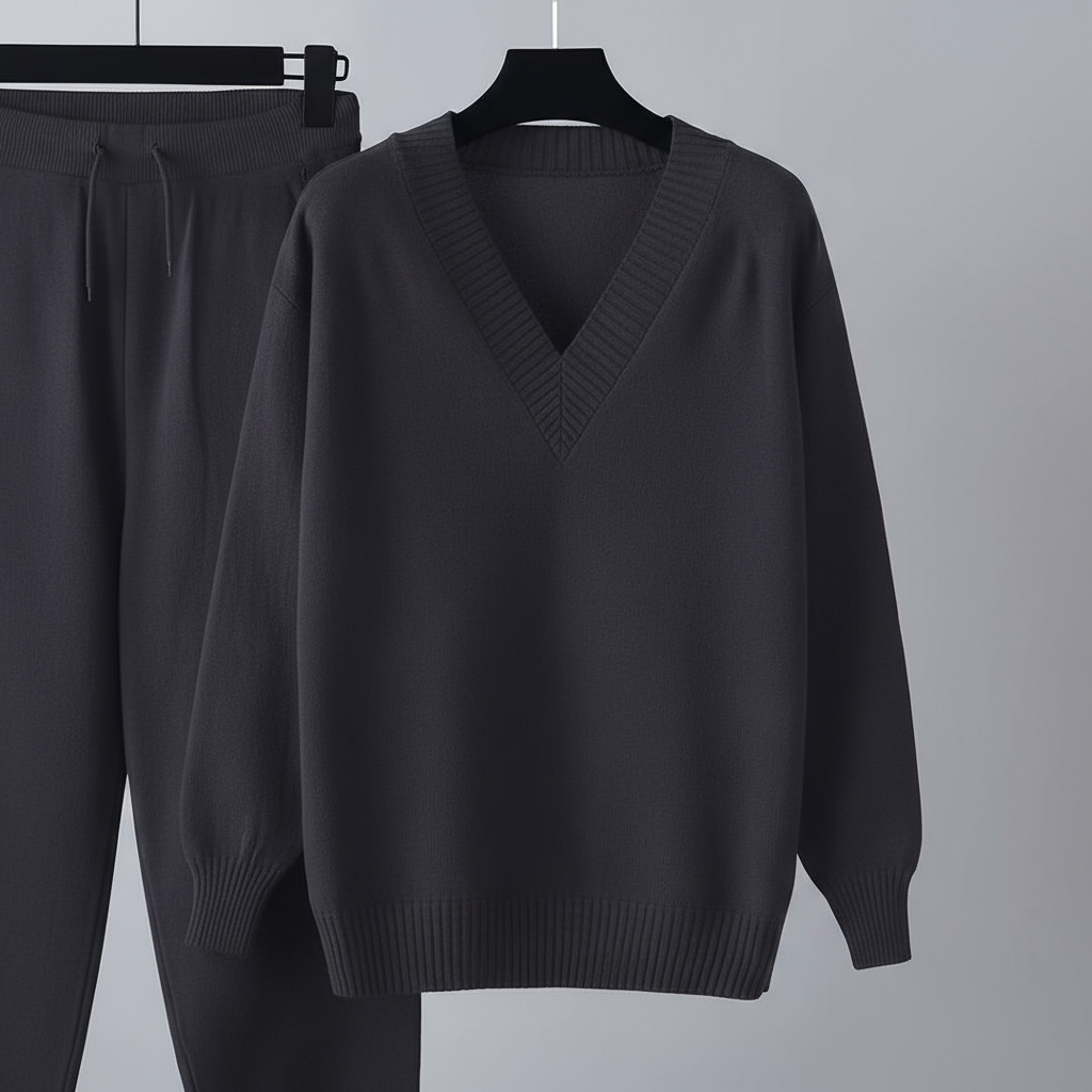 V Collar Knit Sweater Pant Set