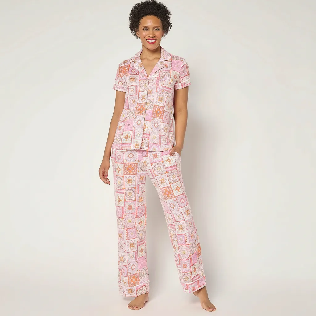 Two Piece Jersey Notch Collar Pajama Set With Short Sleeve Top For Women