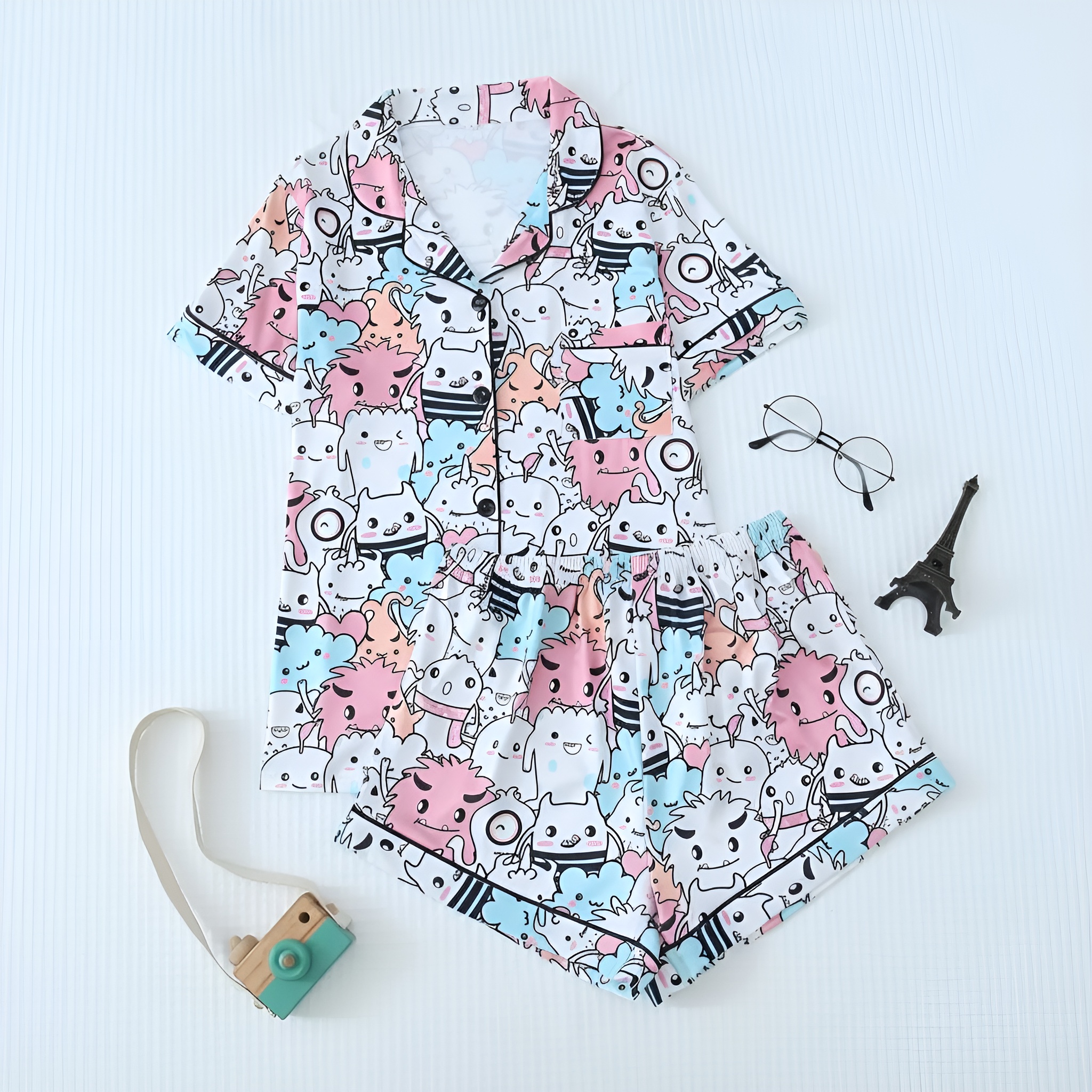 Floral Print Lapel Short Sleeve Contrast Pajama Set For Women