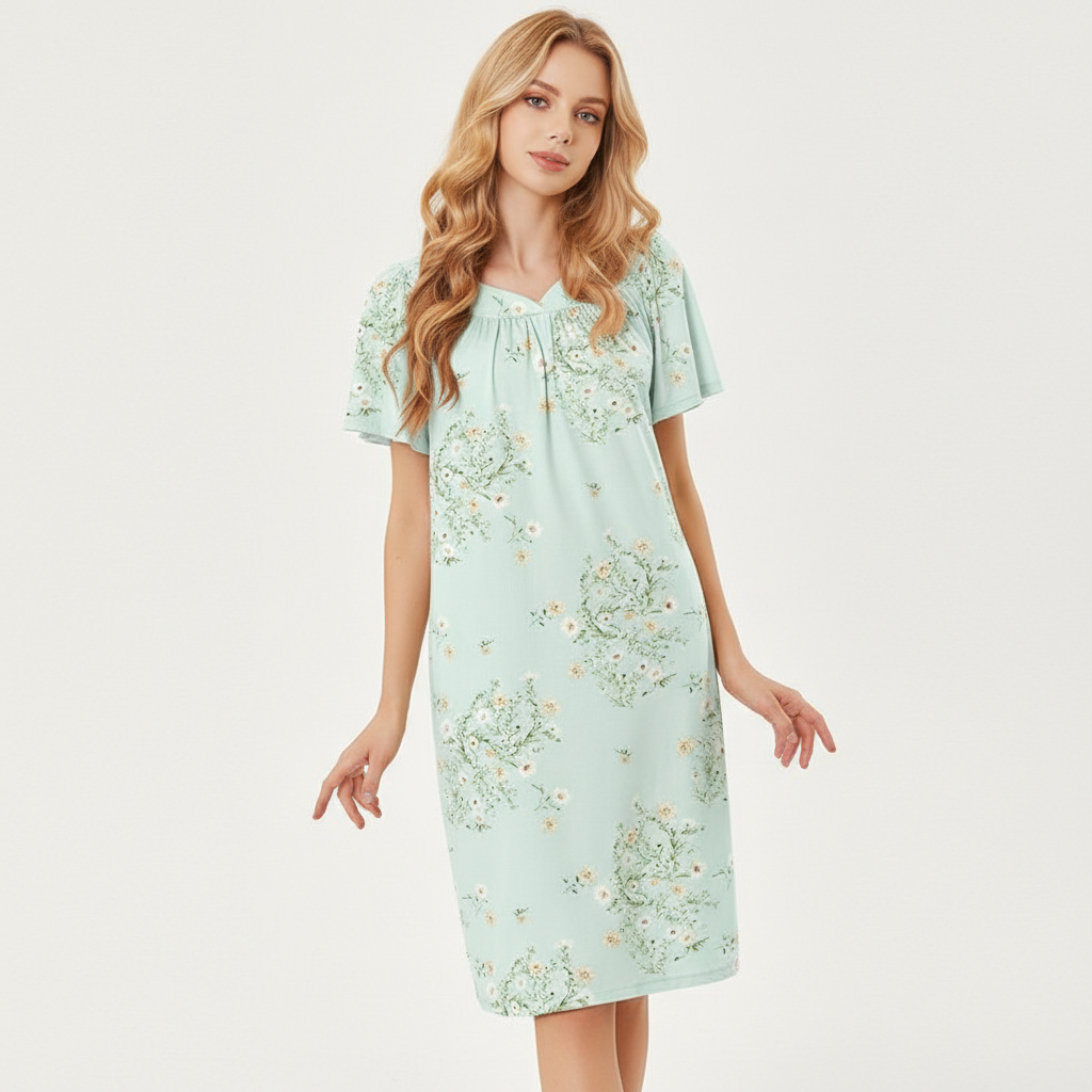Pleated Nightgowns Short Sleeve House Dress