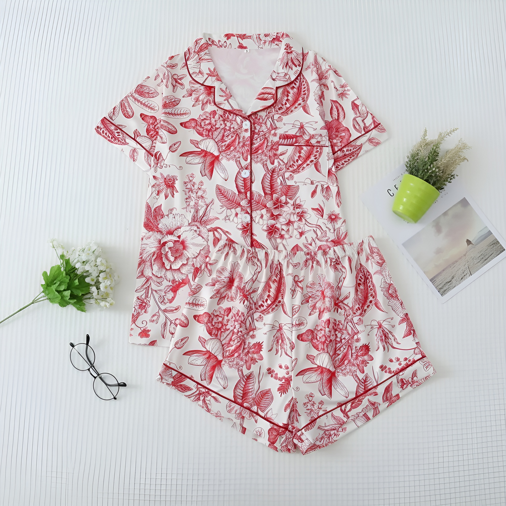 Floral Print Lapel Short Sleeve Contrast Pajama Set For Women