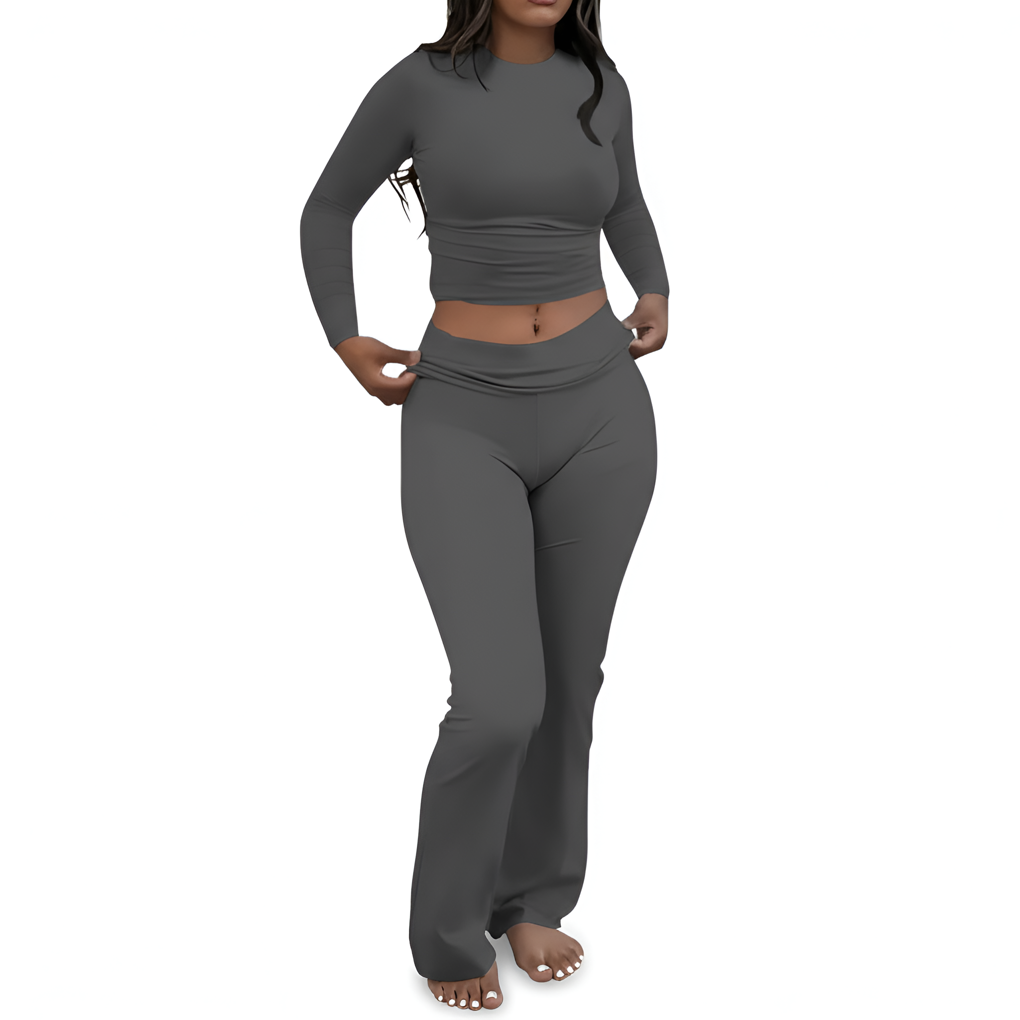 2 Piece Of Soft Lounge Wear Long Sleeve Top And Flared Pants Set For Women