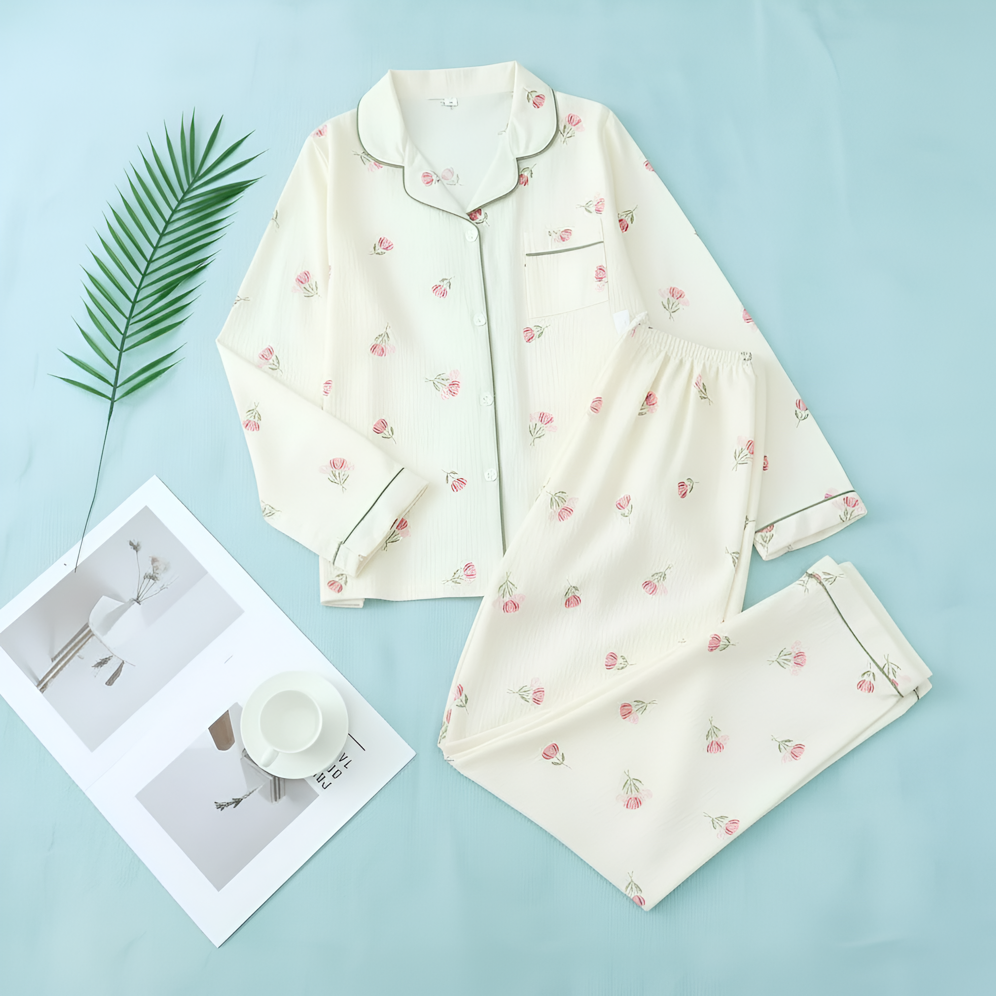 Printed Long Sleeve Pajama Set With Button Details For Women With Lapel Pocket