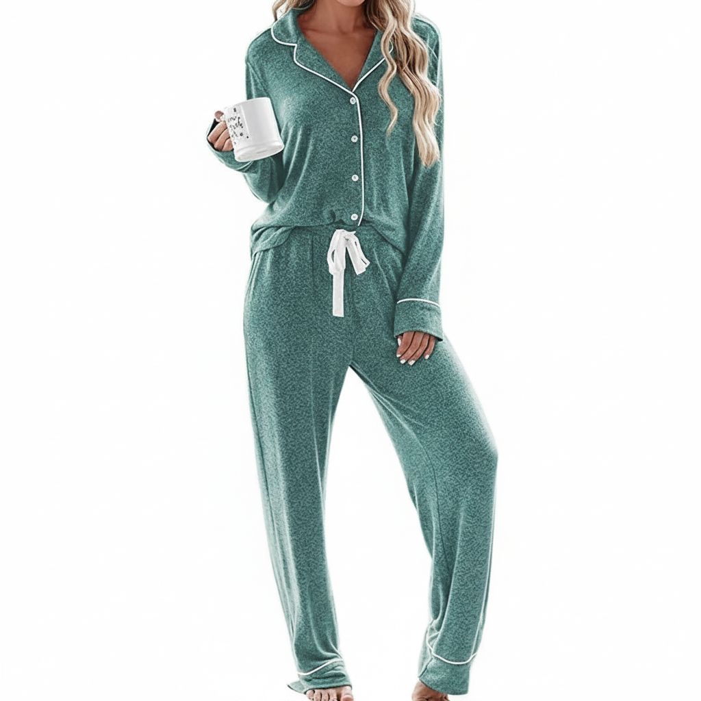 Soft Long Sleeve Pajama Set Button Front Sleepwear For Women
