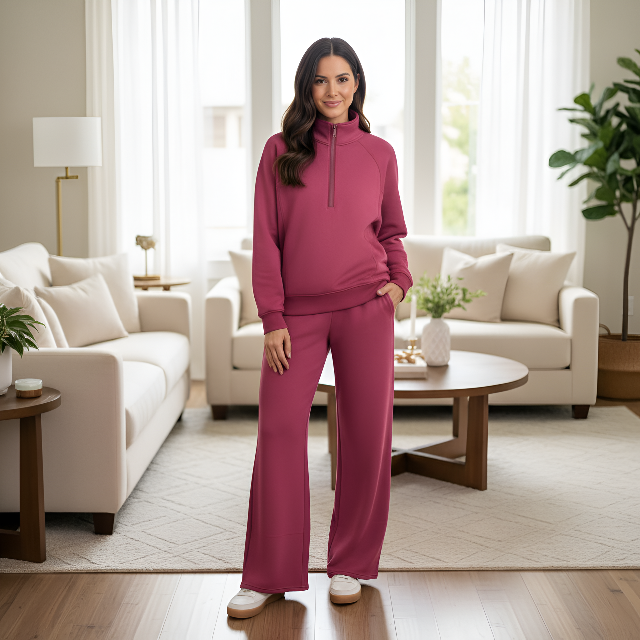 Two Piece Casual Set With Half Zip Collar Top And Matching Drawstring Pants For Women