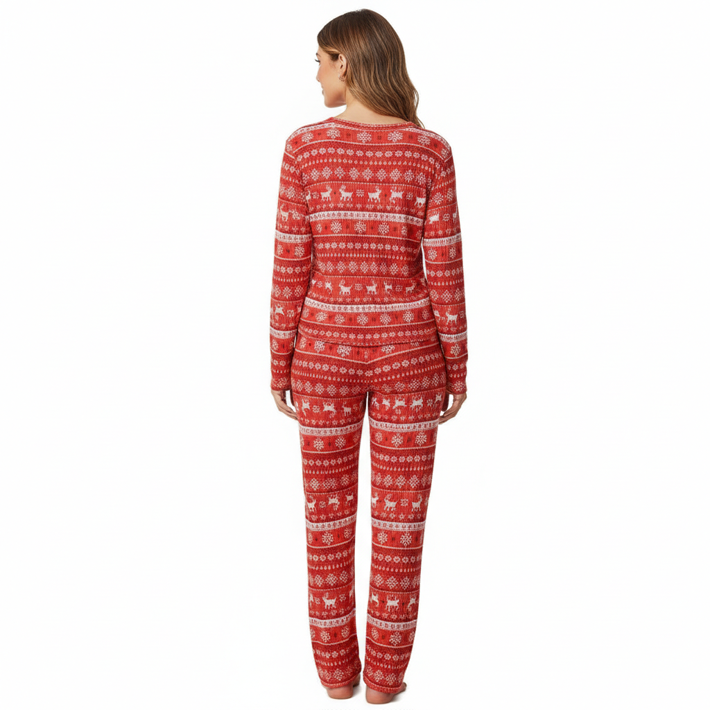Waffle Knit Long Sleeve 2 Piece Lounge Wear Pajama Set For Women