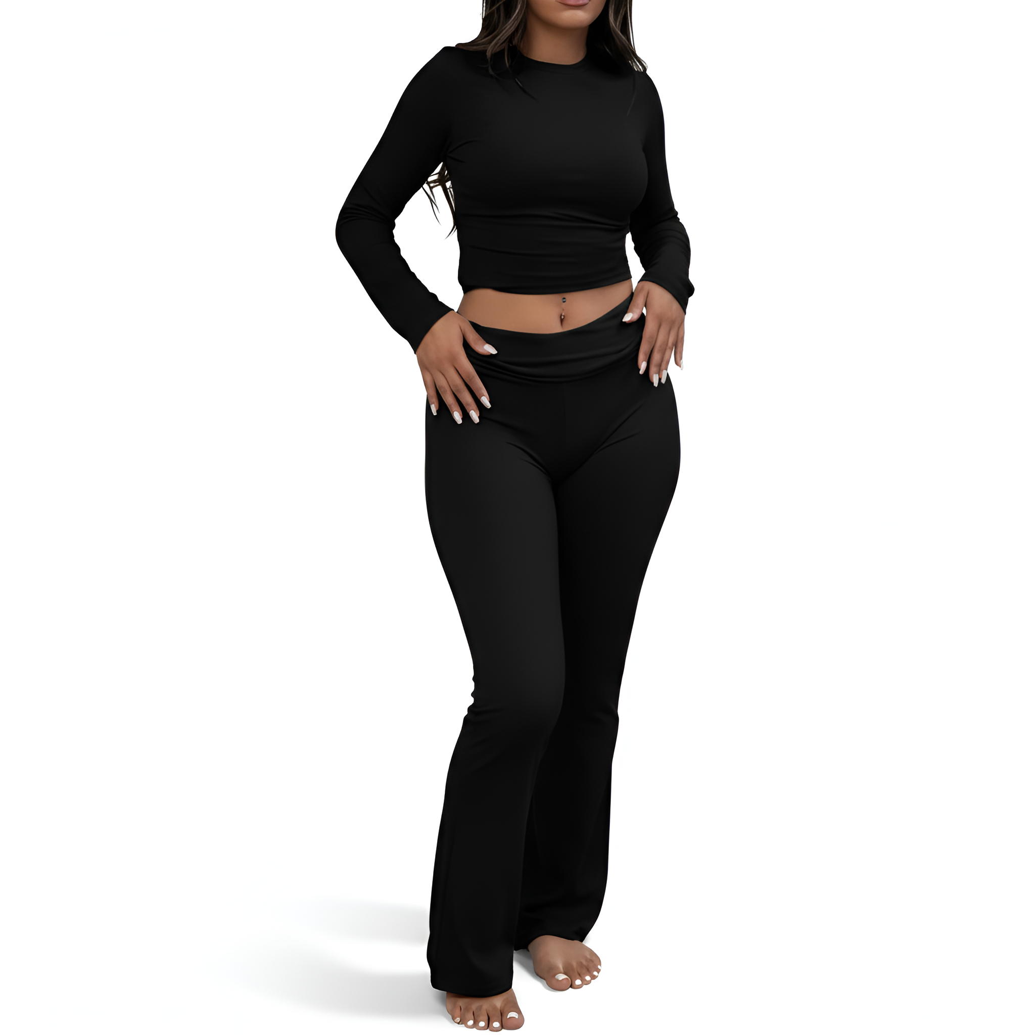 2 Piece Of Soft Lounge Wear Long Sleeve Top And Flared Pants Set For Women